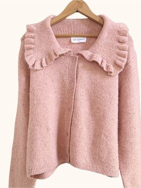 Anthropologie Self Contrast Ruffle Collar Confetti Knit Cardigan Sweater